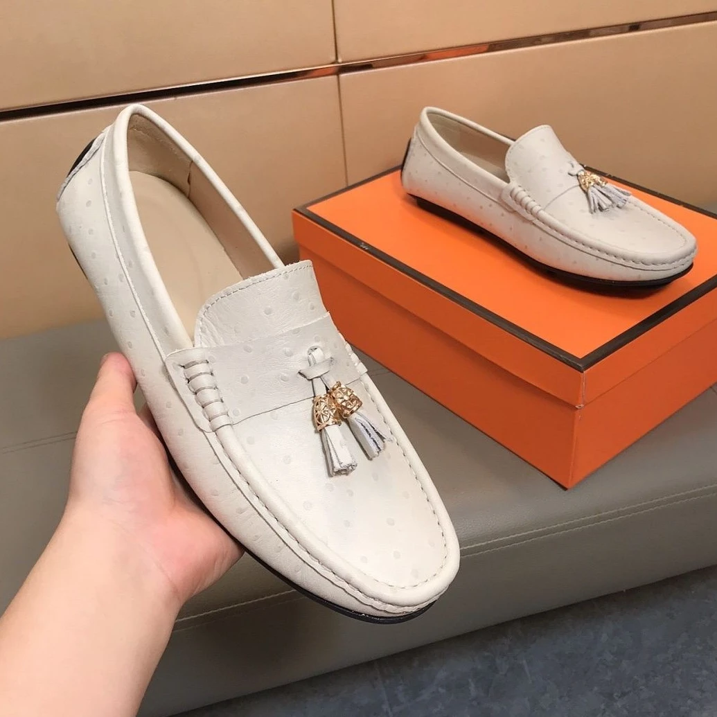 欧美高端真皮豆豆鞋男士一脚蹬新款软底英伦流苏懒人潮流透气皮鞋