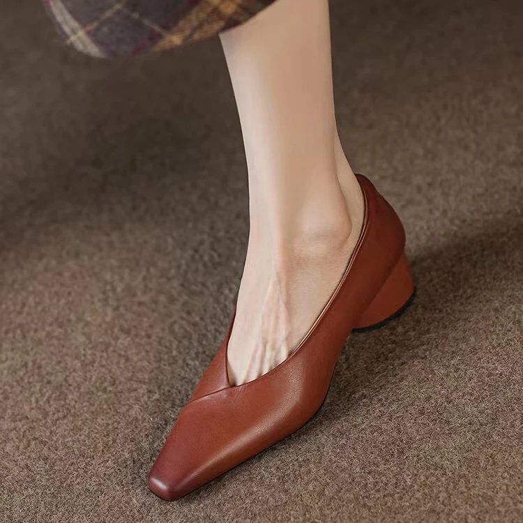头层水洗牛皮法式复古方头粗跟真皮单鞋中跟浅口气质百搭小皮鞋