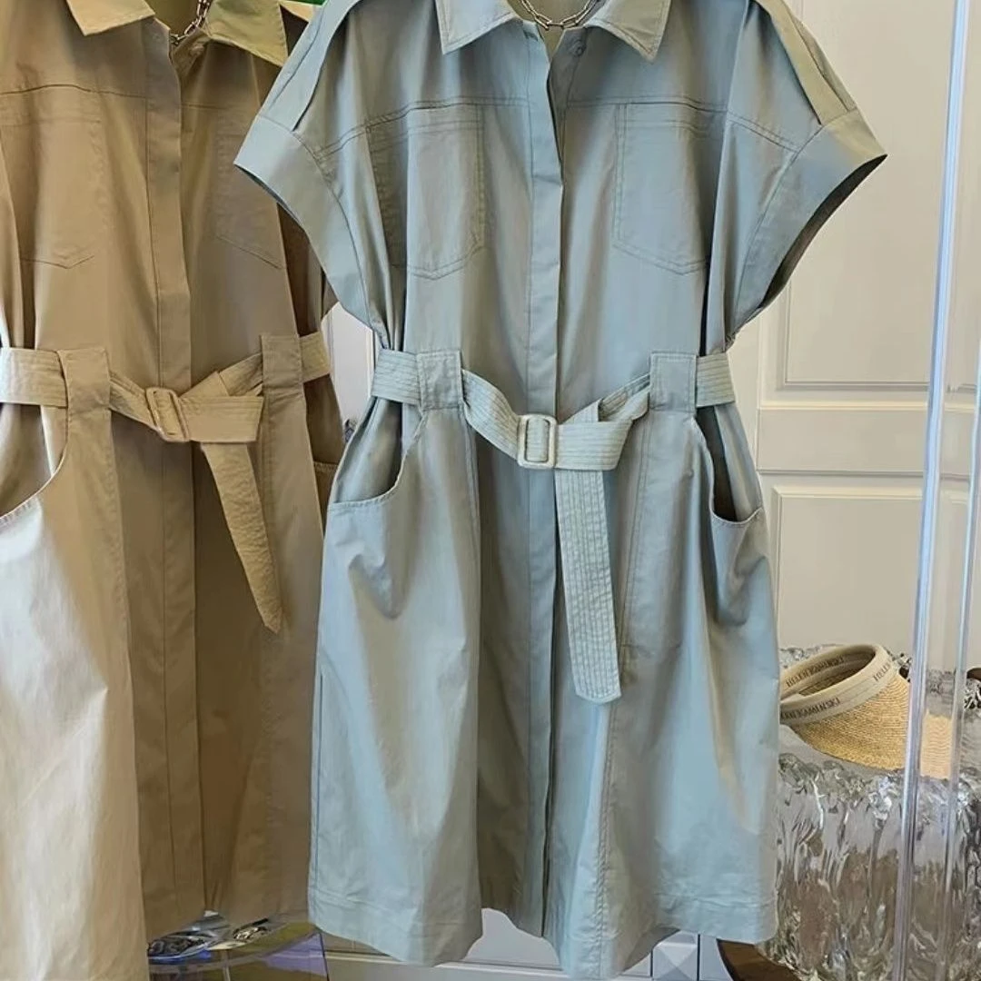 宽松连衣裙子女装夏季法式工装腰带显瘦设计收腰小众中长衬衫裙