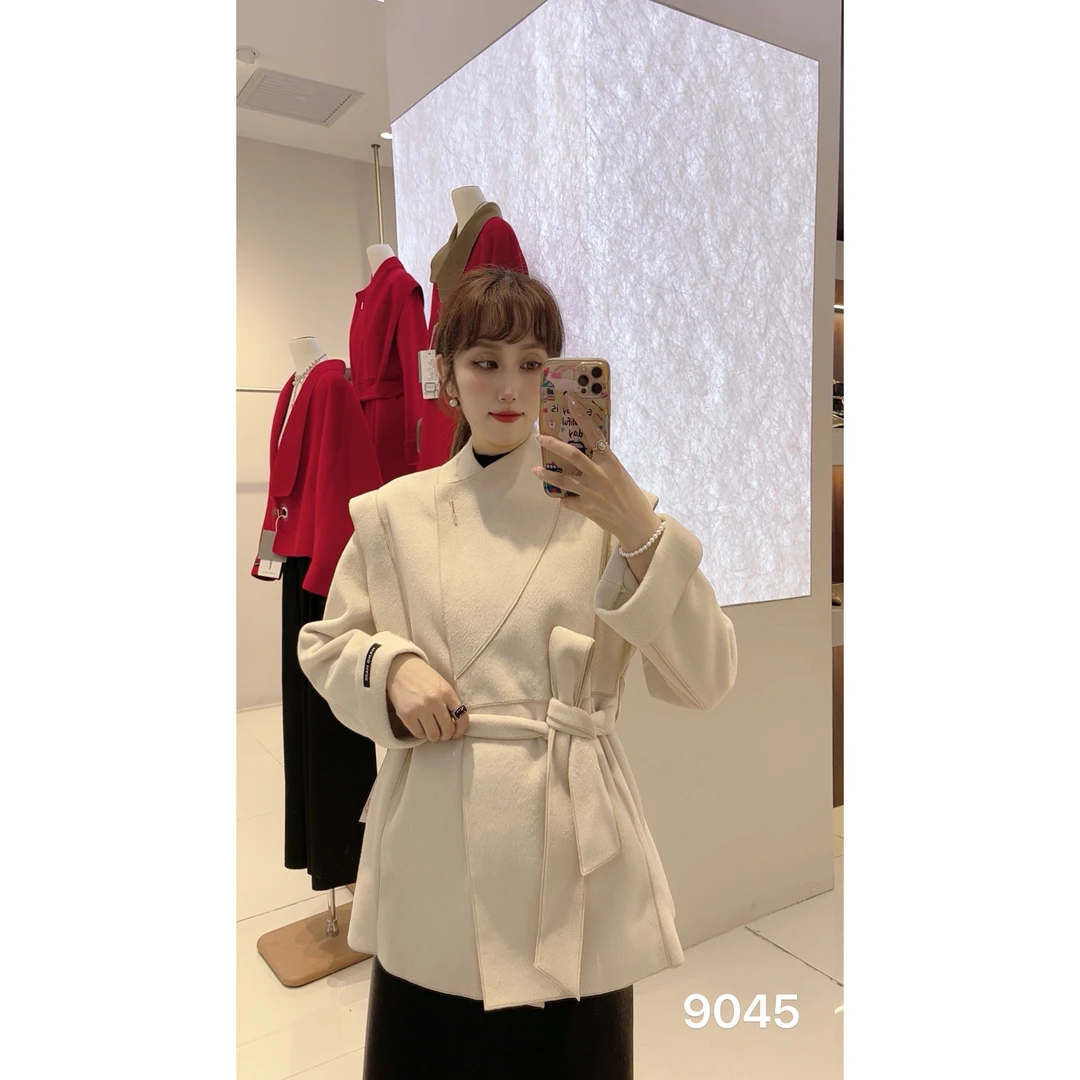 9045-时尚气质女神短款款赫本风秋冬秋季系带双面呢毛呢大衣