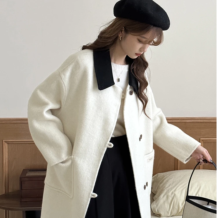 2311高级感拼色双面羊毛大衣女韩系气质羊毛呢外套中长款春季新款