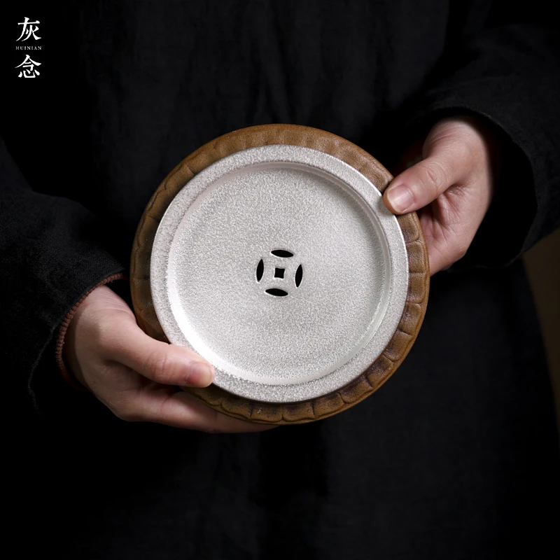 灰念-半边莲壶承刷银110cc直径14cm复古家用陶瓷双层日式湿泡