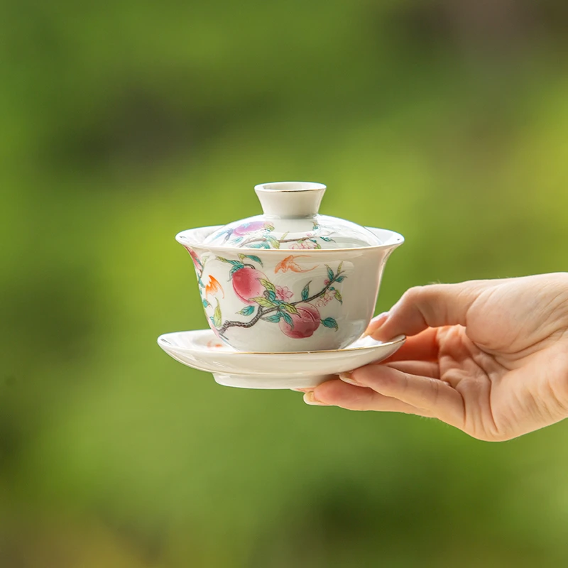 斋居三才盖碗陶瓷粉桃寿桃盖碗功夫茶具白瓷手工茶碗中式瓷盖碗
