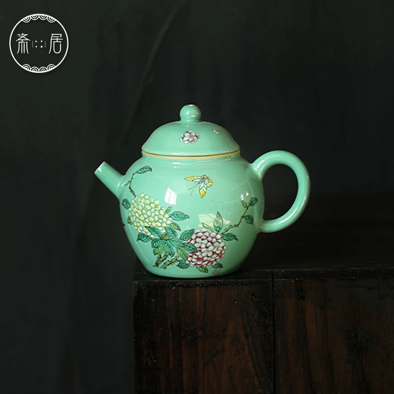 斋居拙溪茶壶手工瓷泥-松石绿绣球壶130CC家用室用茶道器具泡茶壶