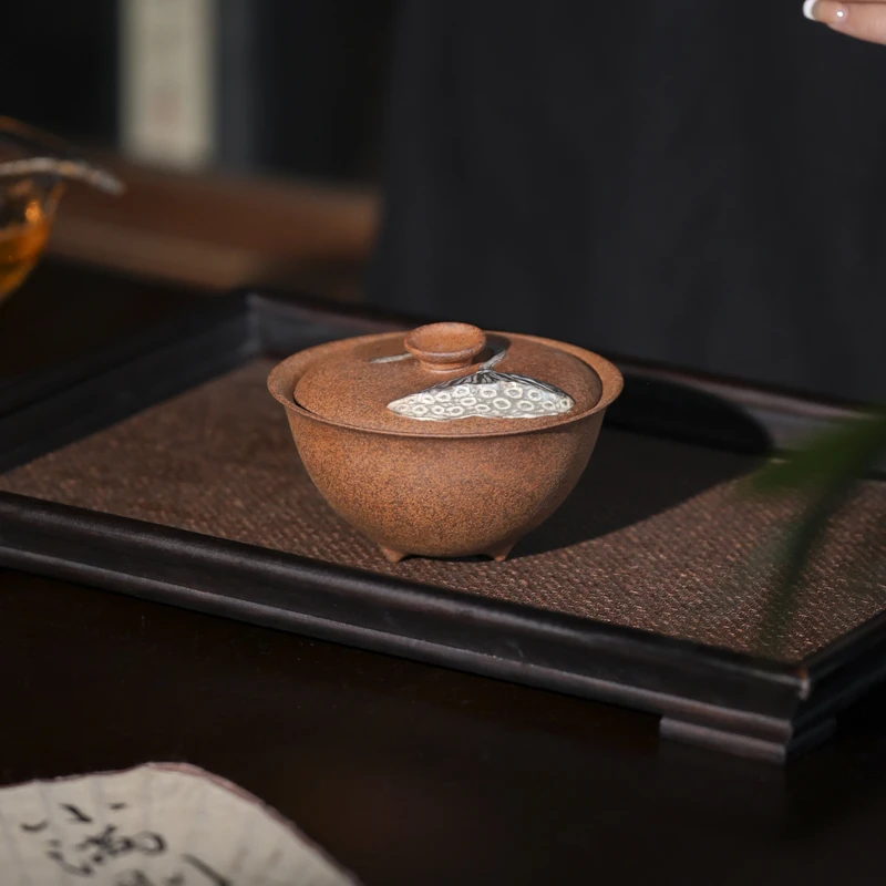 斋居 灰念老岩泥盖碗莲蓬盖碗-容量160CC-口径10cm（Q2321）