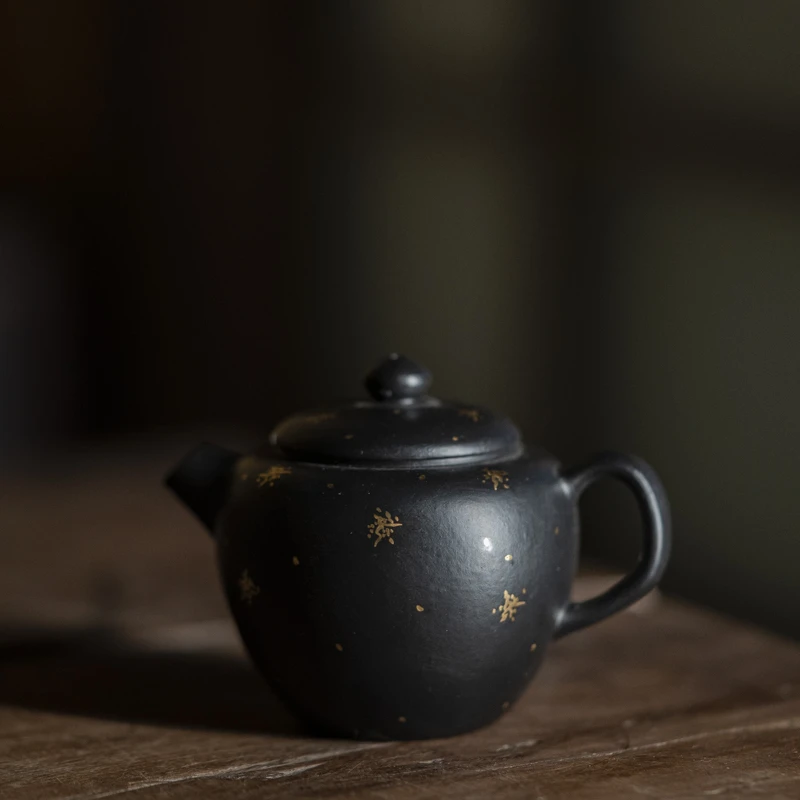 斋居柒堂洒金唔黑美人短肩壶紫砂家用纯手工黑金茶道茶具小田月月
