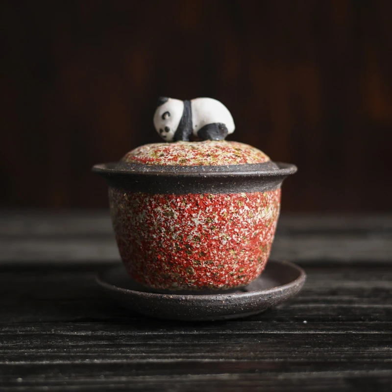 斋居 红金-高越-熊猫盖碗-170ml（高越S0571）