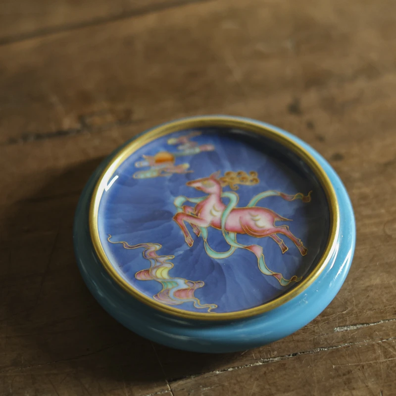 *斋居华隐茶器蓝地青花金绘九色鹿盖置复古创意家用室用茶具茶道