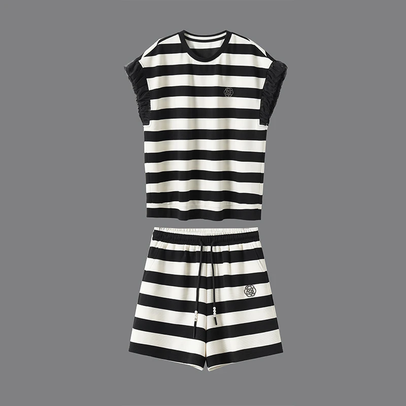 鸭宝宝2024夏季新款休闲运动套装黑白条纹短袖短裤宽松显瘦气质