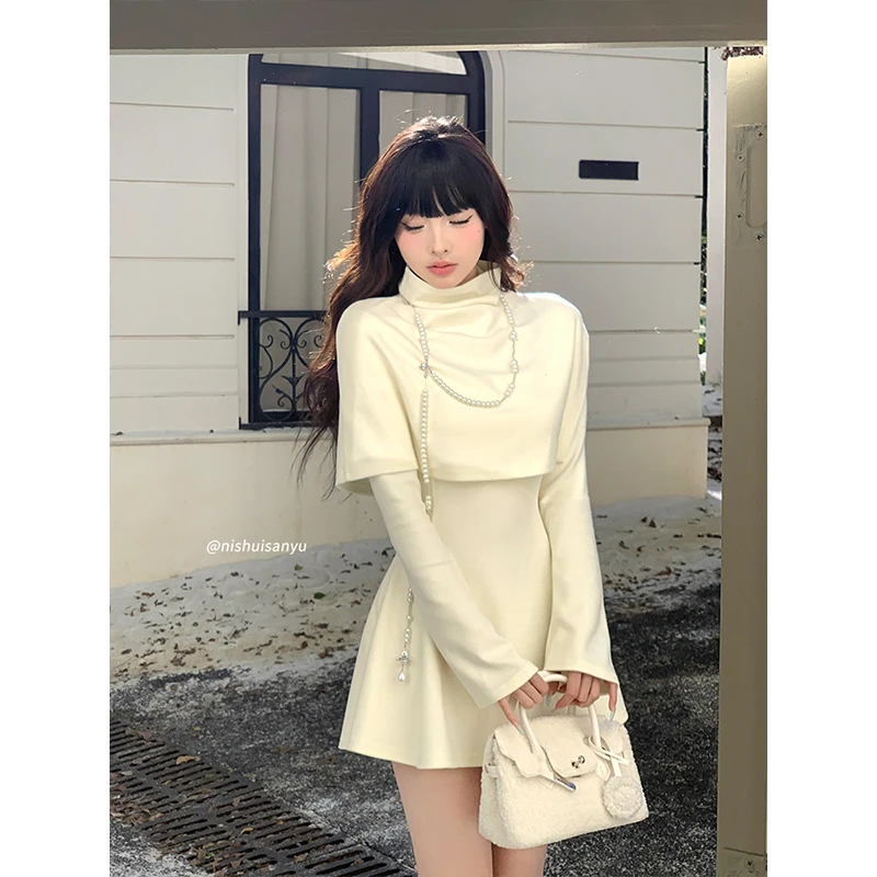 溺水三鱼【曼乐之城】千金风披肩连衣裙套装针织弹力裙子秋冬打底裙