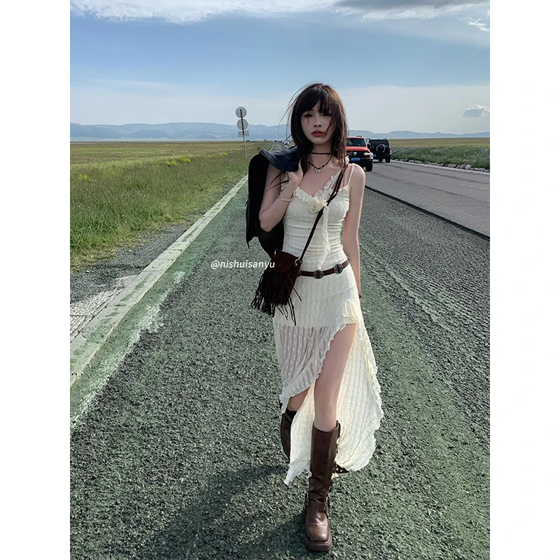 溺水三鱼辣妹复古风针织网纱吊带连衣裙肌理感开叉拼接法式长裙