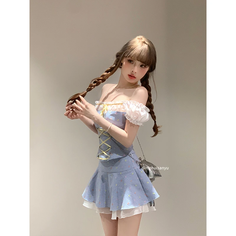 溺水三鱼【玉桂爱丽丝】一字肩泡泡袖衬衫短款上衣a字半身裙