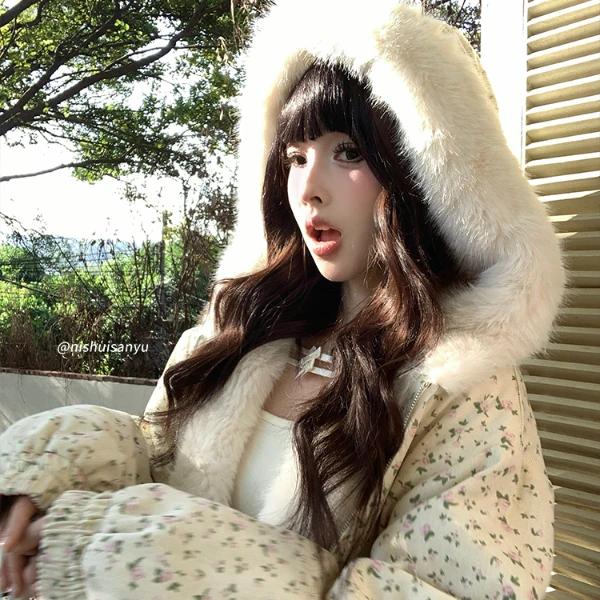 溺水三鱼【佩里画廊】碎花毛领连帽保暖棉服外套女冬季小个子棉袄