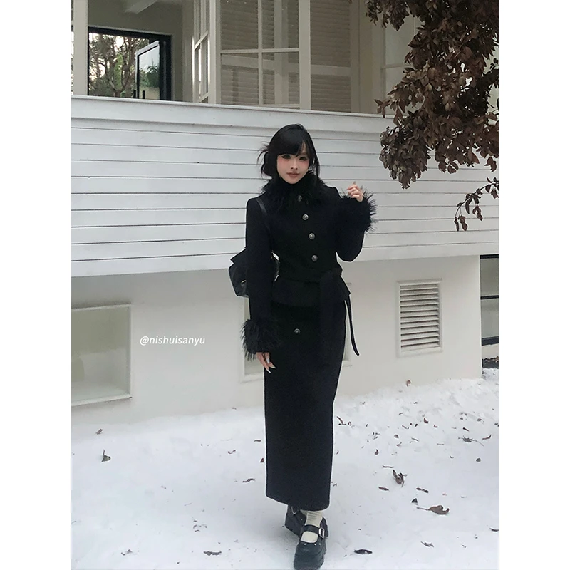 溺水三鱼【斯林茶会】欧美风气质毛呢套装秋冬黑色毛绒外套保暖半裙