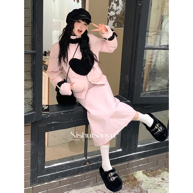 溺水三鱼【爱丁古堡】冬季小众设计爱心毛绒立领保暖撞色棉外套