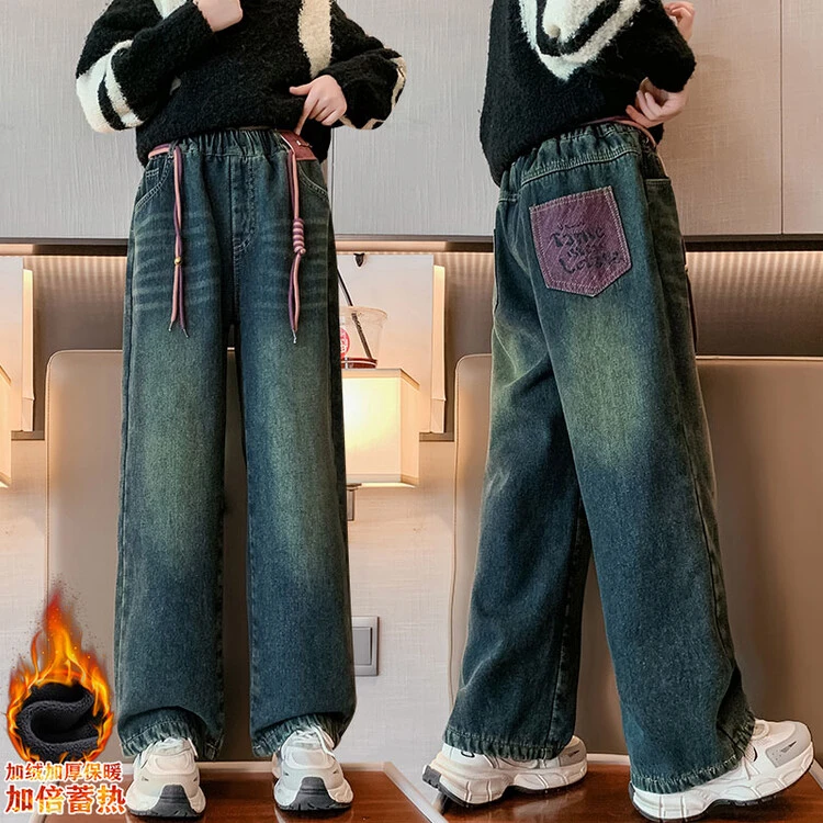 女童加绒牛仔裤秋冬款2023新款儿童女大童阔腿长裤儿童直筒裤子潮