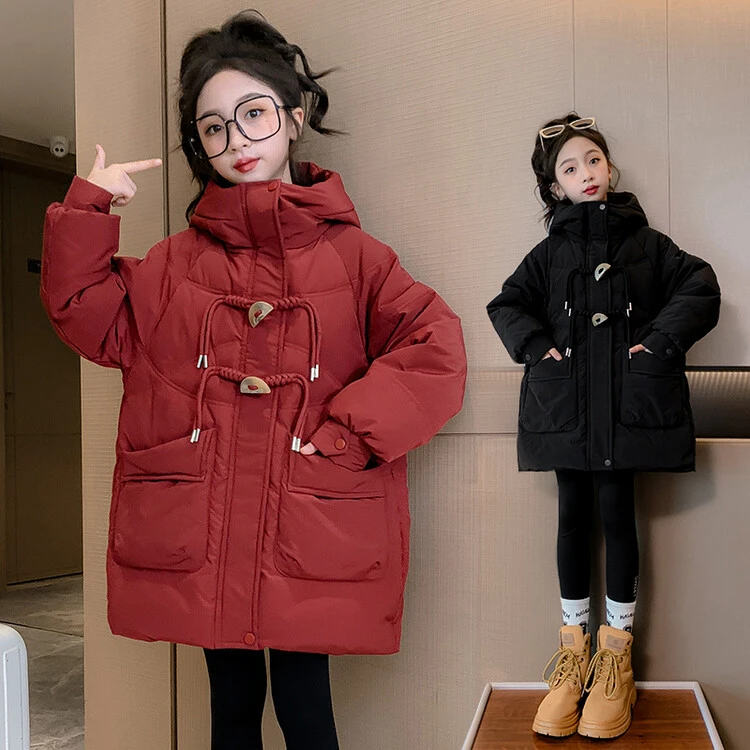 女童冬季时尚棉服2023新款女大童洋气中长款棉衣儿童加厚纯色棉袄