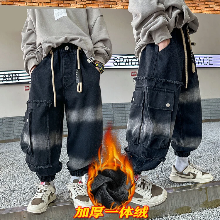男童牛仔裤加绒加厚渐变工装5-14岁冬中大童儿童保暖休闲裤子宽松