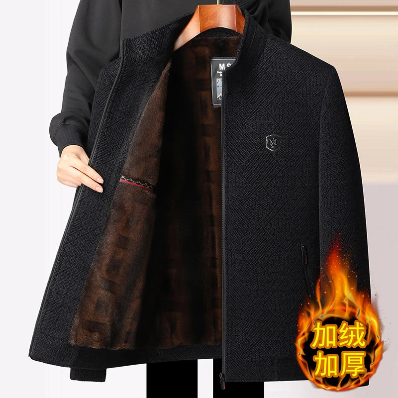 秋冬季中老年男士商务休闲立领贴标拉链加绒加厚雪尼尔夹克衫外套