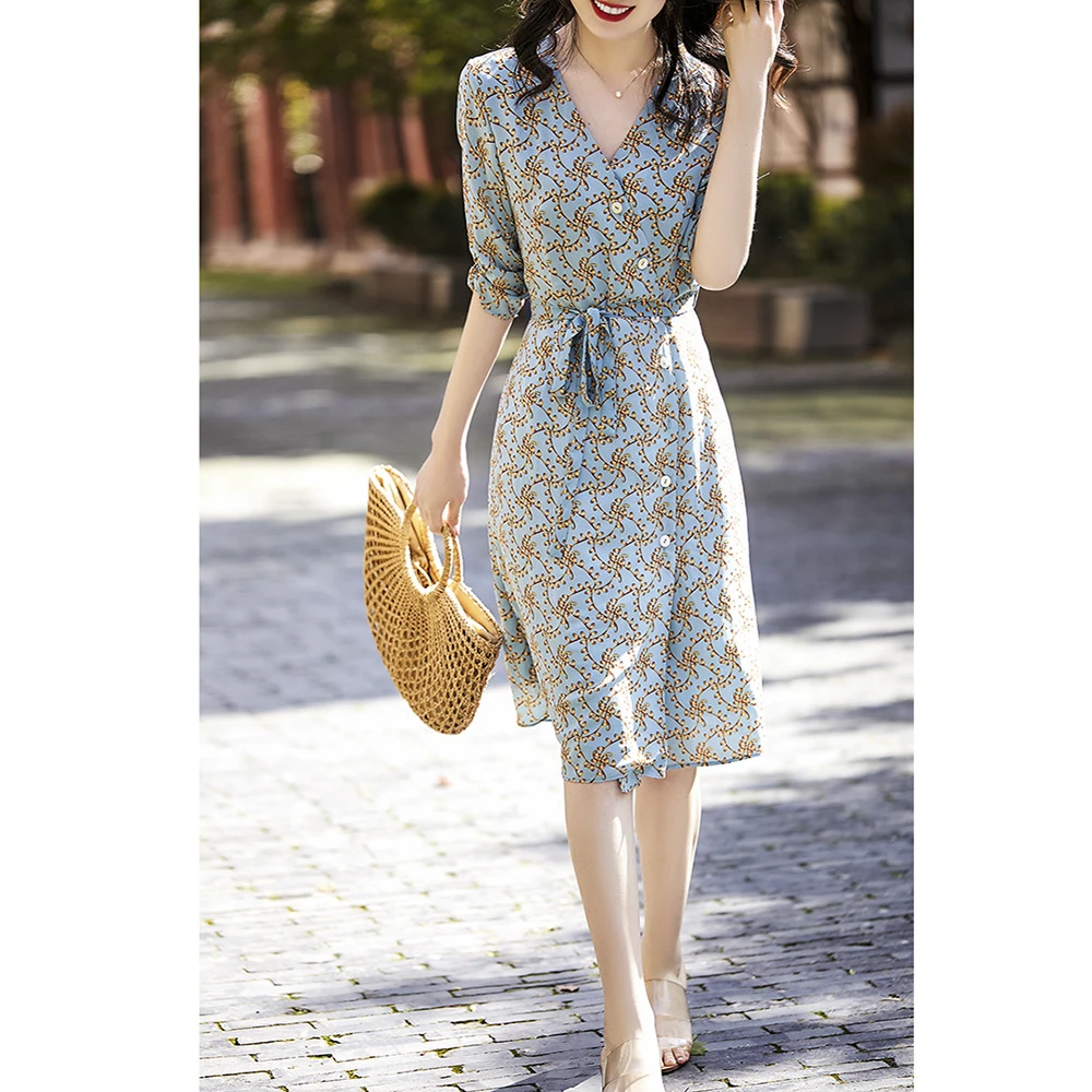 春夏季新款显瘦高腰系带真丝连衣裙印花茶歇桑蚕丝女中长裙01