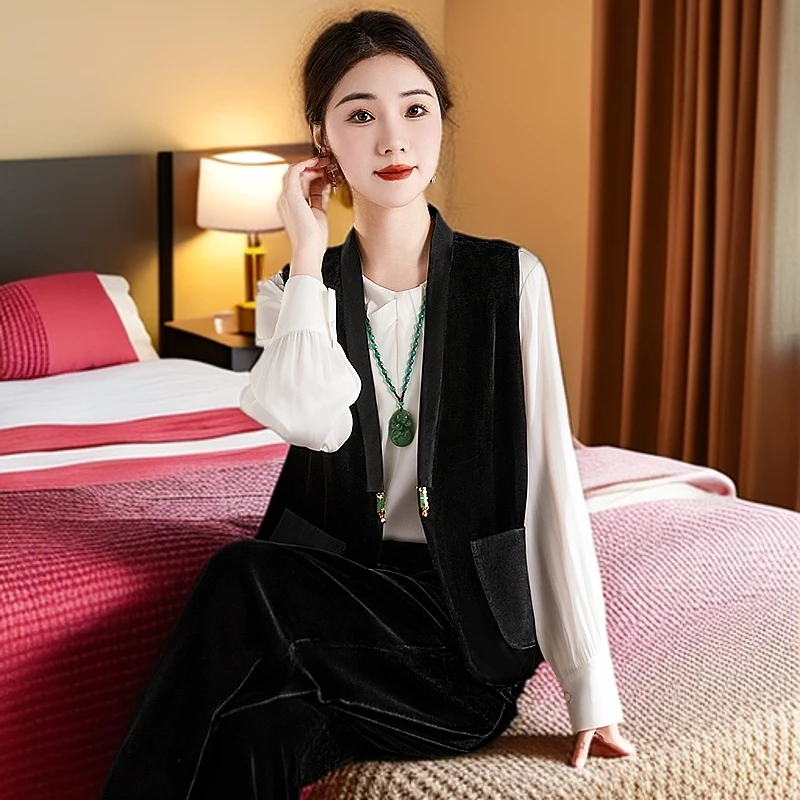 真丝绒短款上衣女装背心桑蚕丝马甲秋季新款设计感气质复古5988