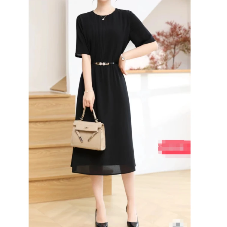 【蒂文特】女装连衣裙两层桑蚕丝宽松连衣裙鬼绉优雅宽松遮肉连衣裙