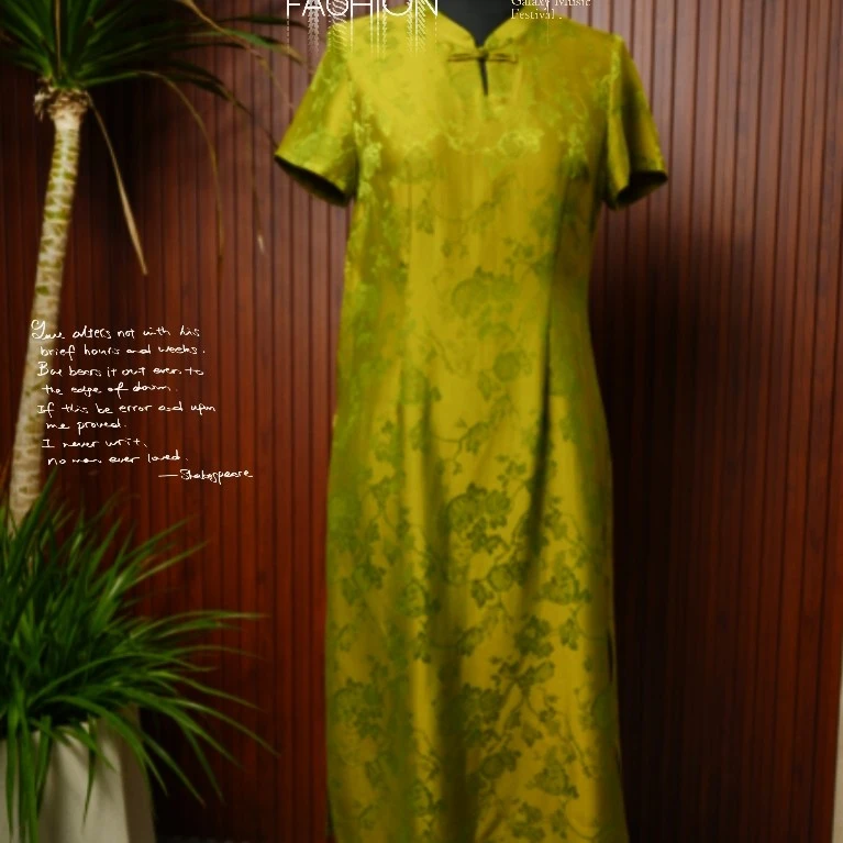 蒂文特原创中式改良国风裙桑蚕丝花罗香云纱夏季绿色连衣裙黄色