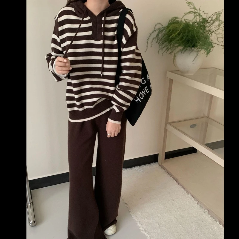 秋冬新款洋气条纹套头上衣＋纯色阔腿裤高级感显瘦休闲套装3930