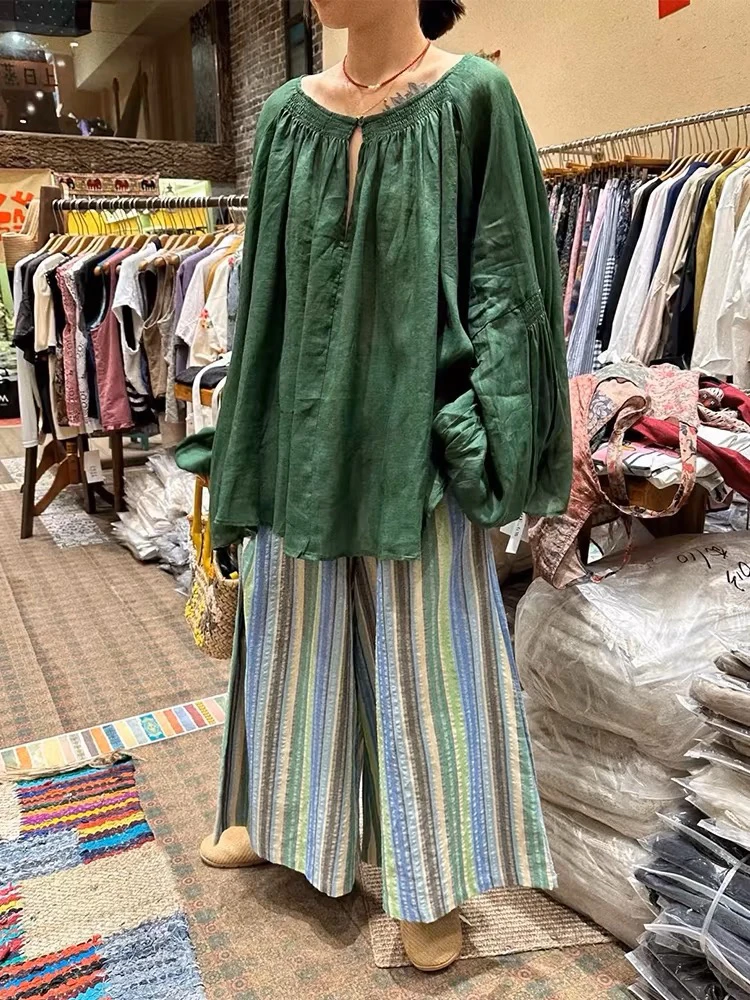 柏拉图早秋日系复古绿色苎麻褶皱灯笼袖衬衫大码女装