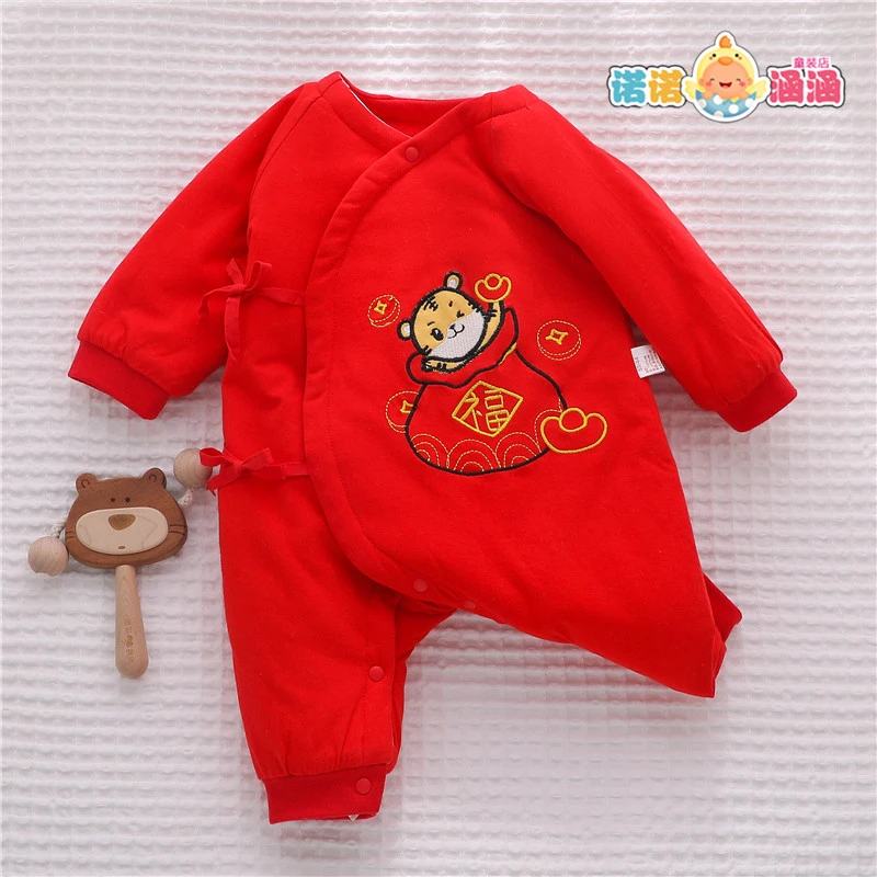 0一3月初生婴儿冬装夹棉秋冬季连体衣红色冬款新生儿产房和尚衣服