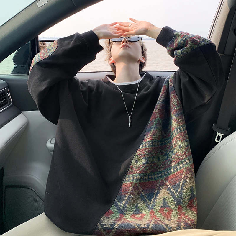 民族风圆领卫衣男秋冬费尔岛宽松痞帅慵懒风针织外套国潮休闲上衣