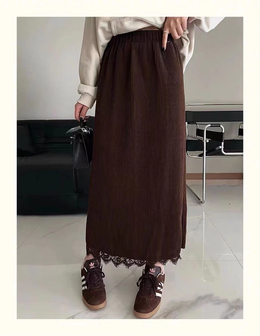 COCO DORIS 1161蕾丝拼接加绒半身裙冬季时尚百搭高腰显瘦中长裙