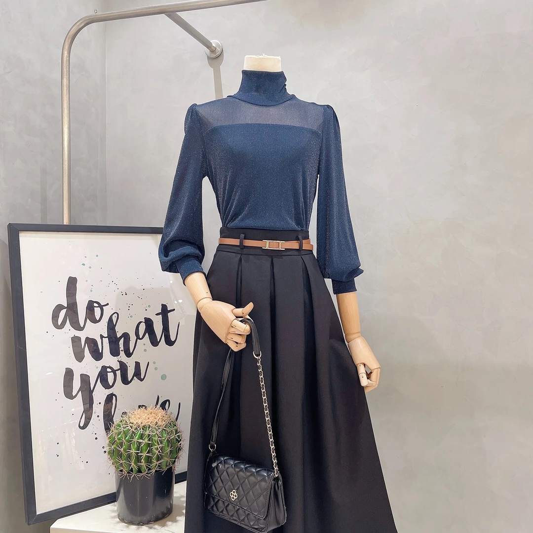 BILIFU/必丽肤1601内搭长袖网纱打底衫秋季纯色百搭中高领小衫