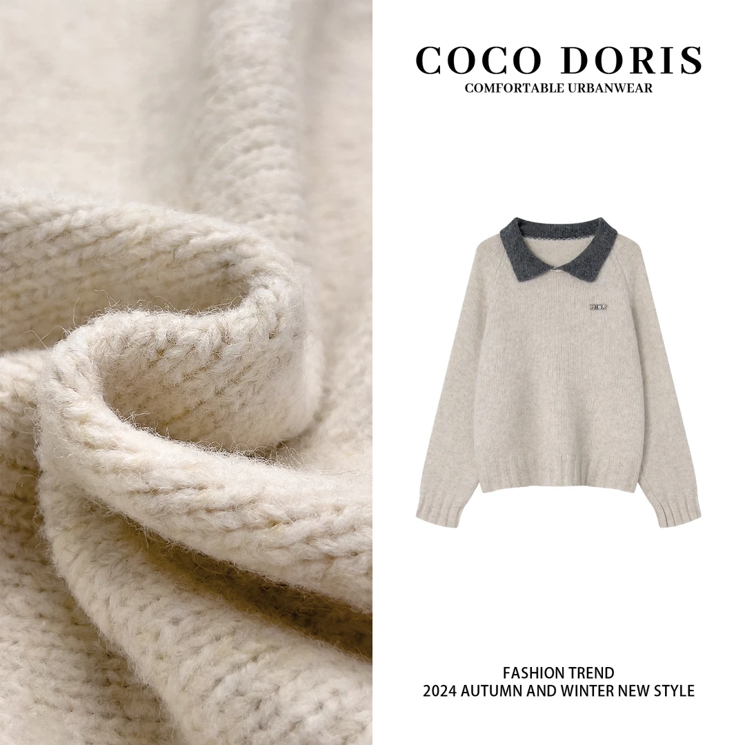 COCO DORIS 新款撞色翻领加绒针织毛衣秋冬季时尚百搭上衣L326