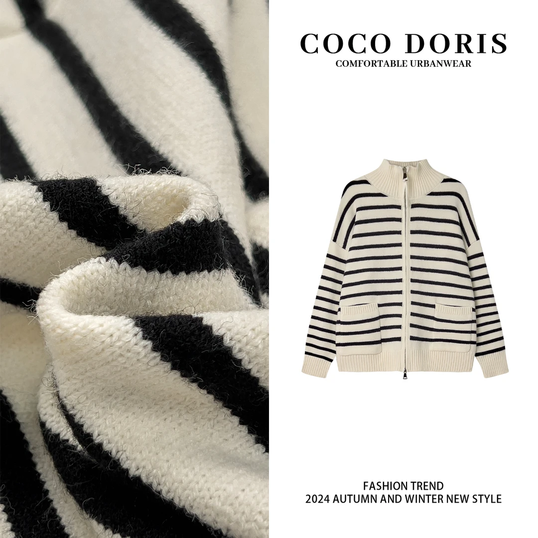 COCO DORISL981韩系减龄条纹针织开衫秋冬时尚百搭长袖针织上衣