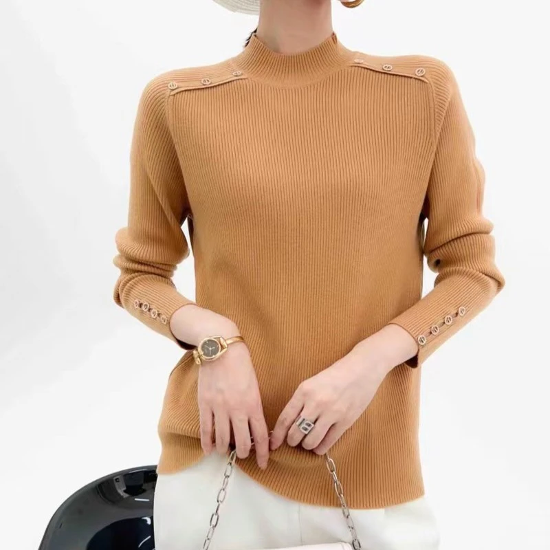 BILIFU/必丽肤2223法式半高领长袖套头纯色针织衫秋季时尚小衫