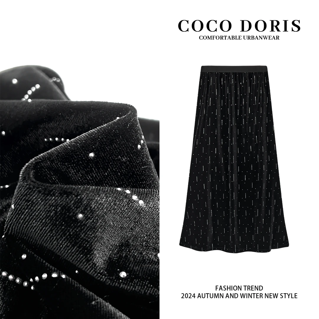 COCO DORIS秋冬金丝绒重工烫钻半裙时尚百搭黑色显瘦半身裙2L655