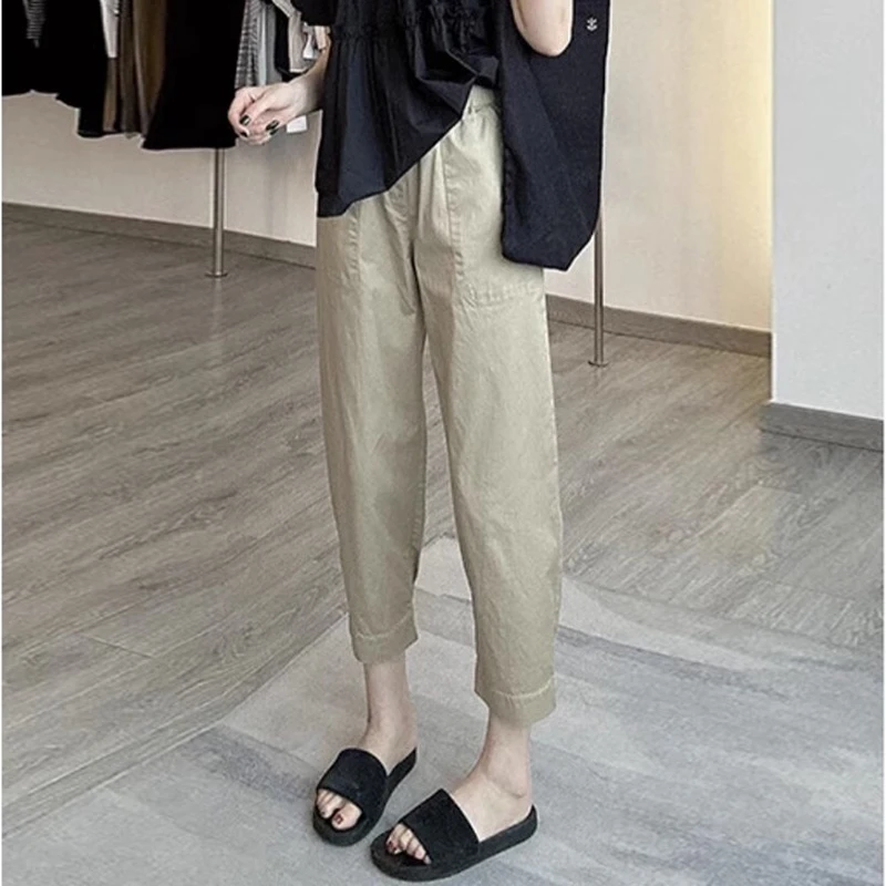 哈伦裤女士2025夏季薄款八九分小个子显瘦阔腿裤微胖卡其色休闲裤