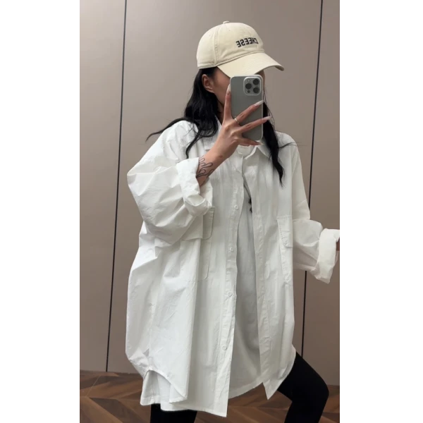 硕哥长袖衬衣宽松休闲外穿显瘦百搭衬衫设计感小众polo领 21858