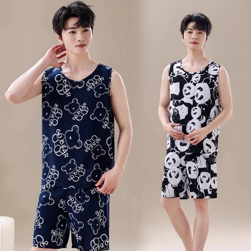 棉绸睡衣男夏季宽松大码人造棉家居服套装卡通小熊背心短裤两件套