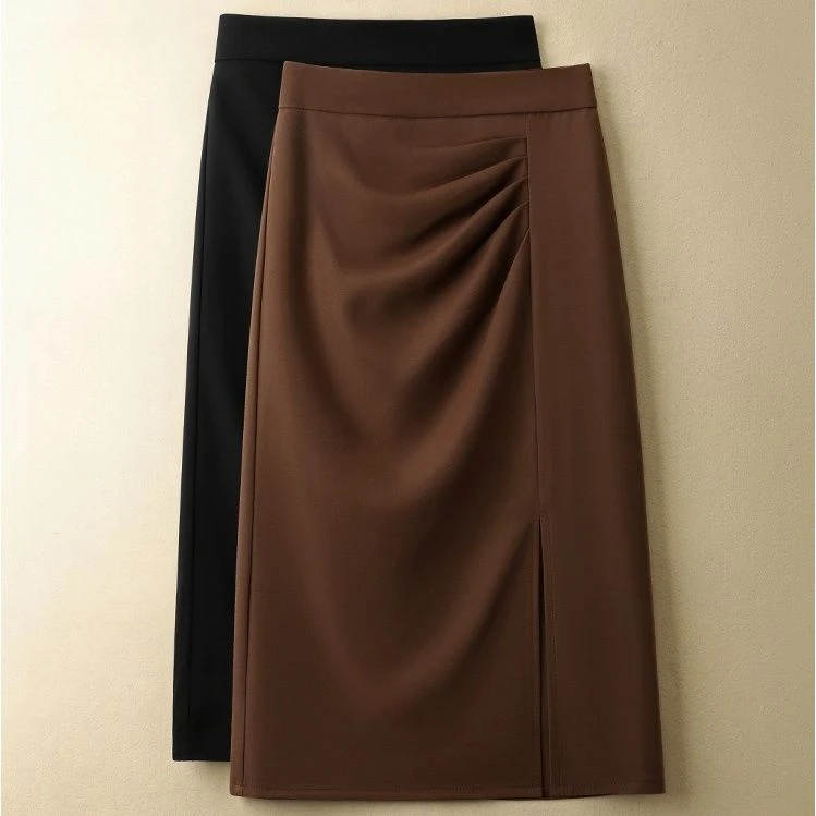 毛呢开叉裙子女秋冬新款褶皱半身裙高腰中长款裙子修身一步包臀裙