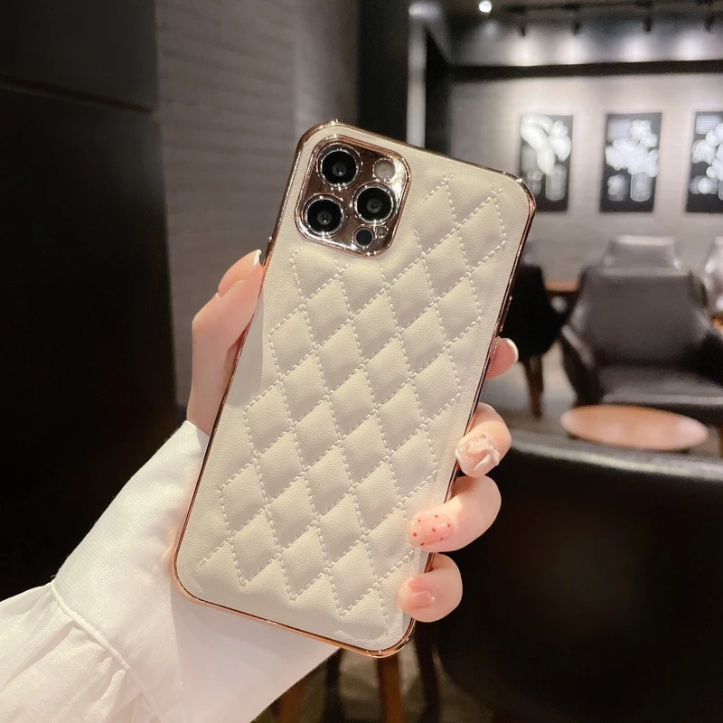新款 电镀格纹小羊皮适用苹果14手机壳iphone13pro新款12奢华气质