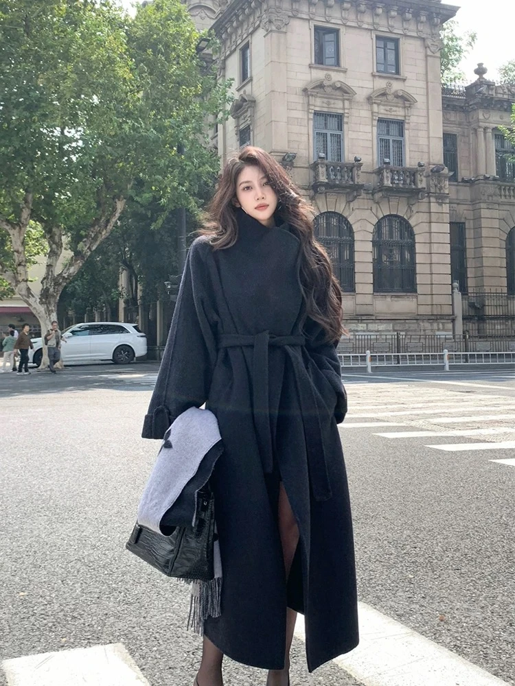 2024秋冬新款双面羊毛韩版气质加厚宽松系带翻领外套长款大衣女