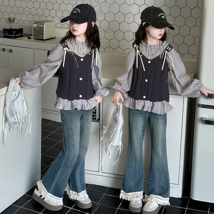 女童秋季毛衣娃娃衫马甲套装2024女中大童儿童春秋韩版休闲牛仔裤