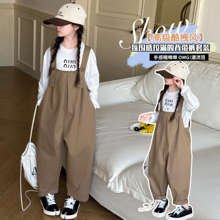 女童秋季时尚韩版背带裤套装2024新款中大童儿童时髦洋气休闲秋装
