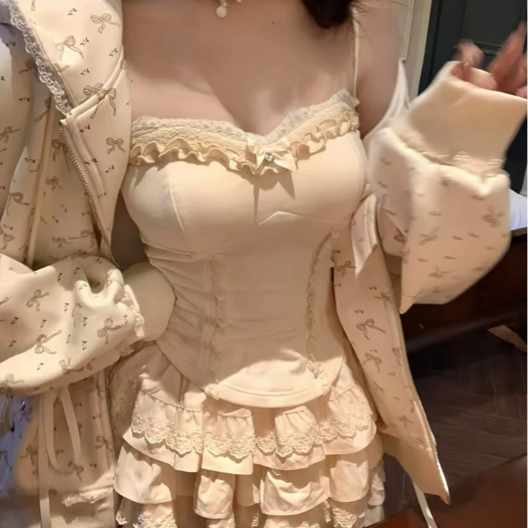 YIWANYANG 奶油蛋糕 秋冬慵懒宽松长袖连帽卫衣外套+吊带蓬蓬半裙