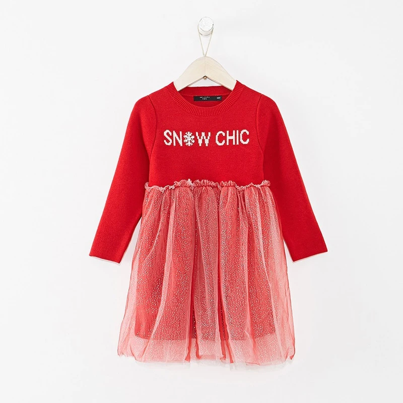 美家MC系列女童前胸字母平面裙摆网纱毛织连衣裙冬 C4-5-527