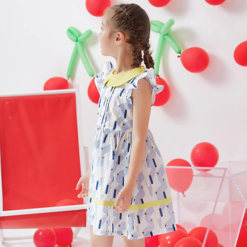 美家 m0系列女童格子夏季休闲娃娃领卡通图案简约连衣裙 A3723