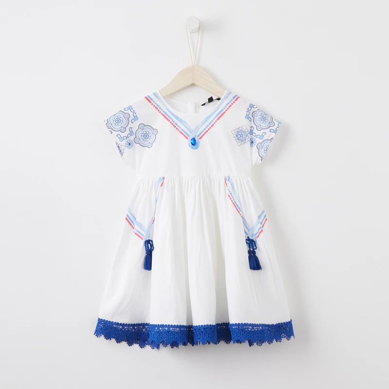 美家MC系列女童棉布印花裙摆流苏梭织小童连衣裙儿童夏A3629