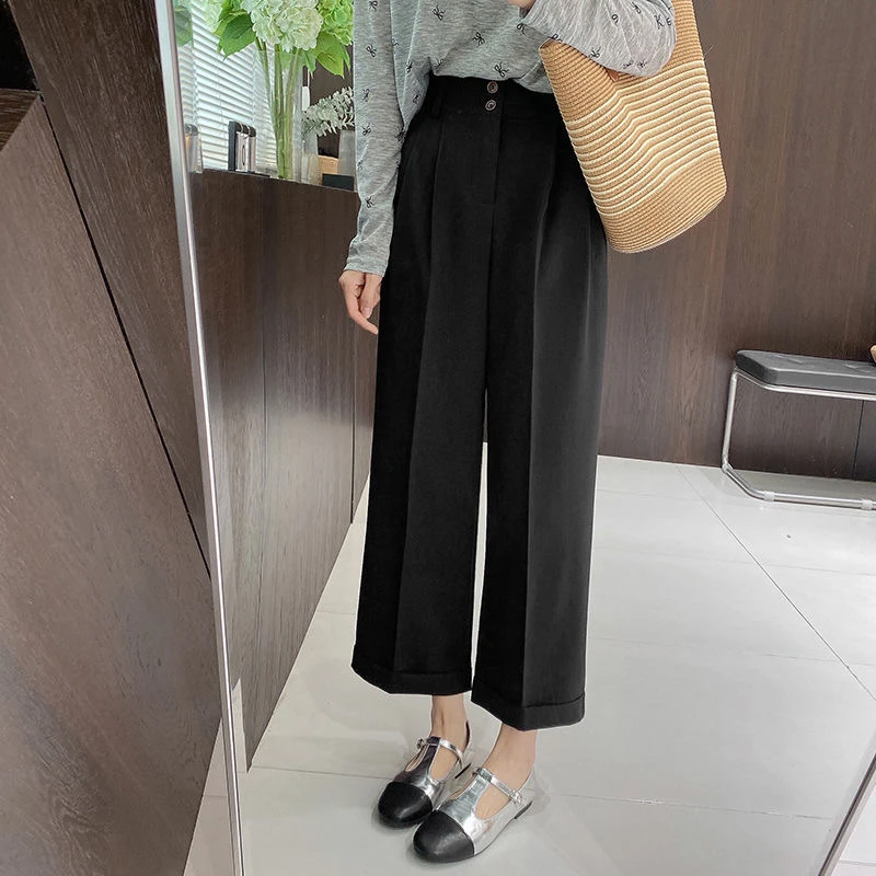 西装裤女春夏季款纯色九分裤卷边直筒休闲裤小个子高腰垂感阔腿裤